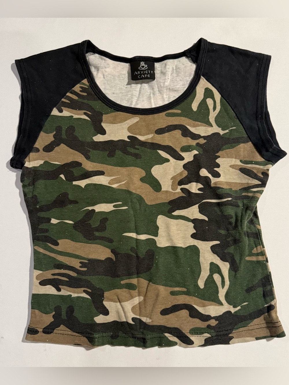 Anxiety Cafe Women’s Camo Short Sleeve Tee in Green/Black